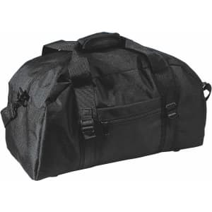 A black duffle bag with multiple straps and compartments, featuring a small front pocket and a logo.