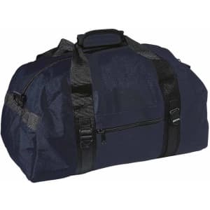 A navy duffle bag with black straps and a front zipper pocket, featuring a brand logo.