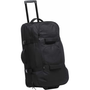 A wheeled travel bag in black, featuring multiple pockets and a retractable handle. The bag has a logo on it.