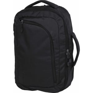 A black laptop bag features a zippered front pocket and a sturdy handle. It has a sleek, streamlined design.