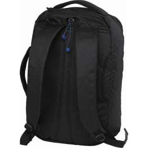 A black laptop bag with adjustable straps and a logo, featuring a sleek design for urban use.
