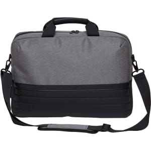 A grey and black Wired Brief Bag with a shoulder strap and top handles, featuring a logo. Ideal for laptops.