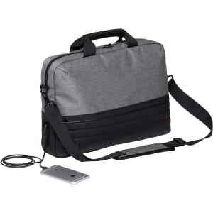 A grey and black laptop bag with a shoulder strap, featuring a side port for charging devices.