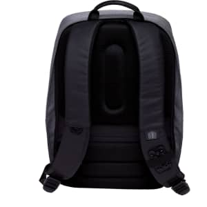 A grey and black wired Compu backpack featuring padded shoulder straps and a mesh back panel. It has a logo.