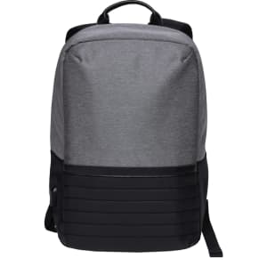 A grey and black backpack featuring a sleek design and a logo on the front. It has adjustable shoulder straps.