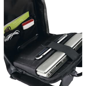 A grey backpack opens to reveal compartments for a laptop, tablet, and various accessories, including cables and a power bank.