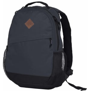 A grey backpack with a leather patch, featuring mesh side pockets and padded straps. It has a zippered main compartment.