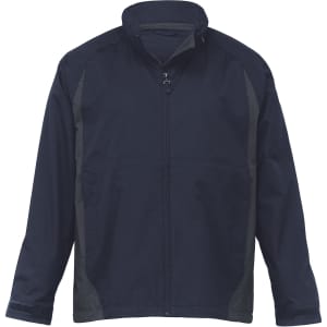 A navy jacket featuring a zip front and contrast panels, with a logo on the chest area.