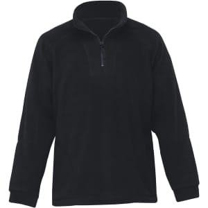 A black polar fleece pullover featuring a half-zip design and a collar. It has a logo on it.