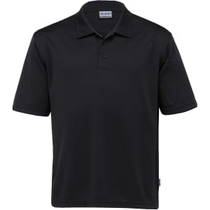 A black men's polo shirt with a classic collar and short sleeves, featuring a logo.