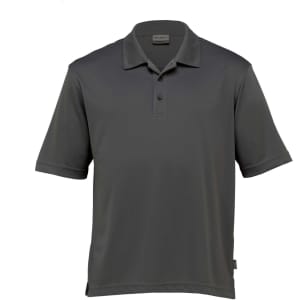 A grey women's polo shirt with a collar and short sleeves, featuring a logo on the side.
