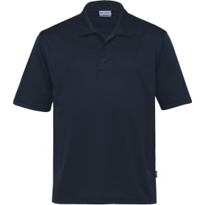 A navy blue men's polo shirt with short sleeves and a collar, featuring a logo.