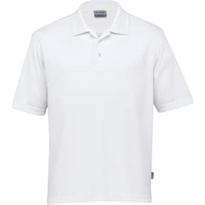 A white polo shirt featuring a collar and short sleeves, with a logo on the side.
