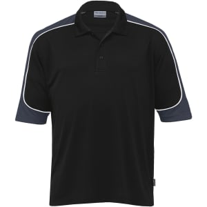 A black polo shirt with short sleeves and grey accents, featuring a logo on the front.