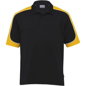 A black polo shirt with yellow accents on the sleeves, featuring a collar and buttons. Includes a logo.