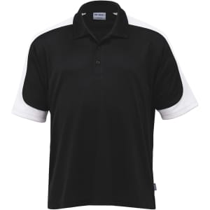 A black polo shirt with white sleeves and a collar, featuring a logo on the chest.