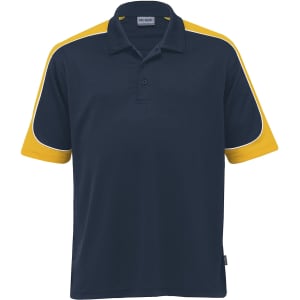 A navy blue polo shirt with yellow accents on the sleeves, featuring a collar and a branding logo.