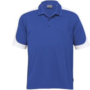 A blue polo shirt with white accents and a logo on the chest. Short sleeves and a classic collar design.