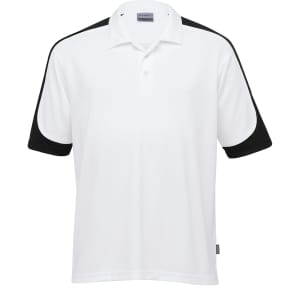 A white polo shirt with black sleeves and a collar, featuring a logo on the chest.