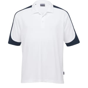 A white polo shirt with navy blue accents on the sleeves and a collar. It features a logo on the chest.
