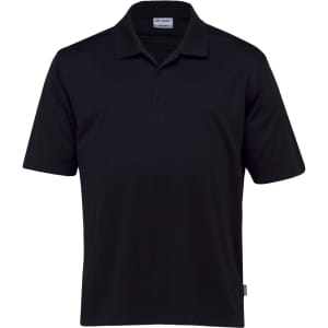 A black men's polo shirt featuring a collar, short sleeves, and a logo on the label.