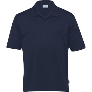 A navy blue men's polo shirt featuring a collar, short sleeves, and a logo on the front.