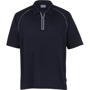 A navy Dri Gear Dimension Polo shirt for men, featuring a half zip and a subtle logo.