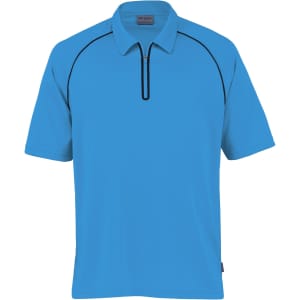 A blue polo shirt with a quarter zip and contrasting black piping, featuring a logo on the collar.