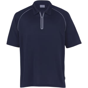 A navy polo shirt with a zip neck and contrasting trim, featuring a logo on the side.