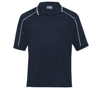 A navy blue men's polo shirt with white accent lines and a collar. It features a branded logo.