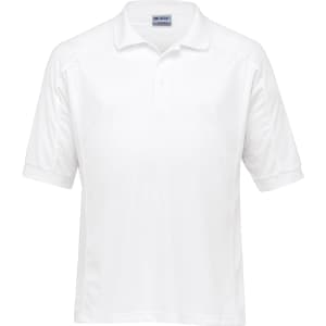 A white polo shirt featuring short sleeves and a collar, with a logo on the chest area.