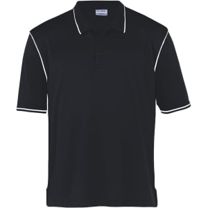 A black polo shirt with white piping, featuring a collar and short sleeves. It has a logo on the chest.