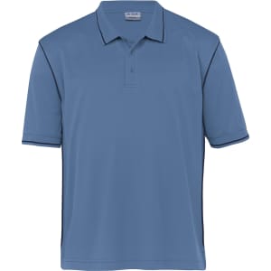 A men's polo shirt in a light blue colour with contrasting dark side panels and a logo on the chest.