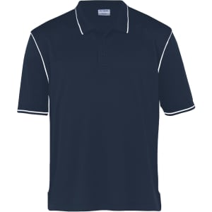 A navy polo shirt with short sleeves and contrasting piping. It features a collar and a branding logo.