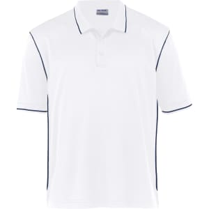 A white polo shirt with navy trim and a logo on the chest. Short sleeves and a classic collar design.