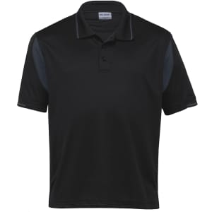 A black polo shirt with dark grey accents and a collar, featuring a logo on the chest.