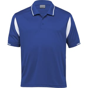 A blue polo shirt featuring white accents and a collar, with a logo on the chest area.