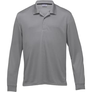 A long sleeve polo shirt in light grey, featuring a collar and a logo.