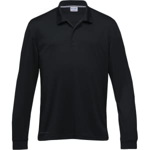 A black long sleeve polo shirt with a collar, featuring a branding logo.