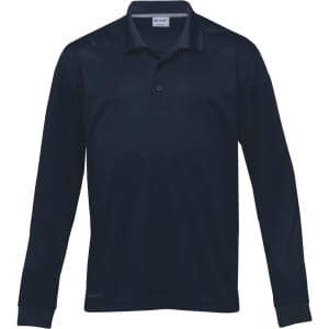 A navy long sleeve polo shirt featuring a collar and a logo on the front.