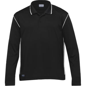 A black long sleeve polo shirt with contrasting white piping and a logo on the side.