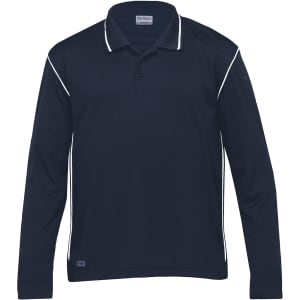 A navy long sleeve polo shirt with contrasting white piping and a logo on the chest.