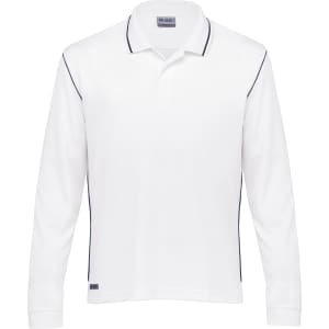 A long-sleeve white polo shirt with navy detailing and a logo on the hem. Suitable for casual wear.