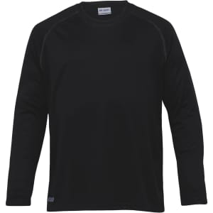 A long sleeve men's t-shirt in black, featuring a logo on the bottom.