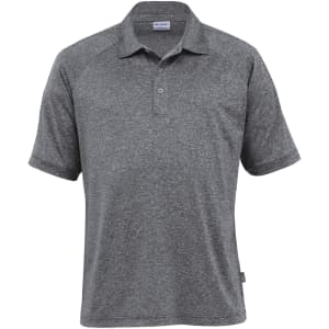 A grey melange polo shirt with short sleeves and a collar, featuring a logo on the chest.