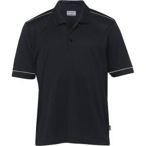 A black men's polo shirt with contrasting grey stripes and a logo on the chest.