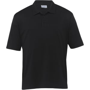 A black polo shirt with a collar and short sleeves, featuring a subtle branding logo.