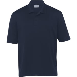 A navy blue polo shirt featuring a collar and short sleeves, with a logo on the chest.