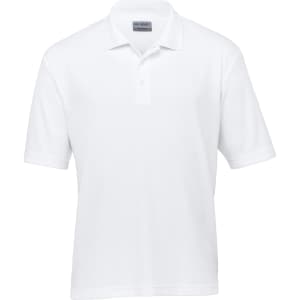A white polo shirt with a collar and short sleeves, featuring a logo on the chest.