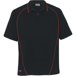 A black polo shirt with red piping and a collar, featuring a logo on the hem.